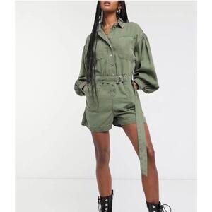 AllSaints jess long sleeve utility playsuit in khaki green